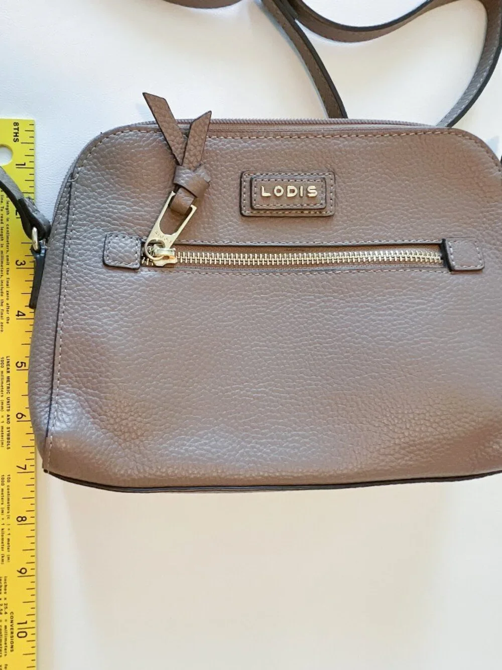 Lodis “Charlotte” Taupe Beige Pebbled Leather Crossbody Bag